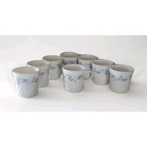 Vintage Corning Corelle White With Blue Fleur Swirl Cups Mugs - Set Of 8